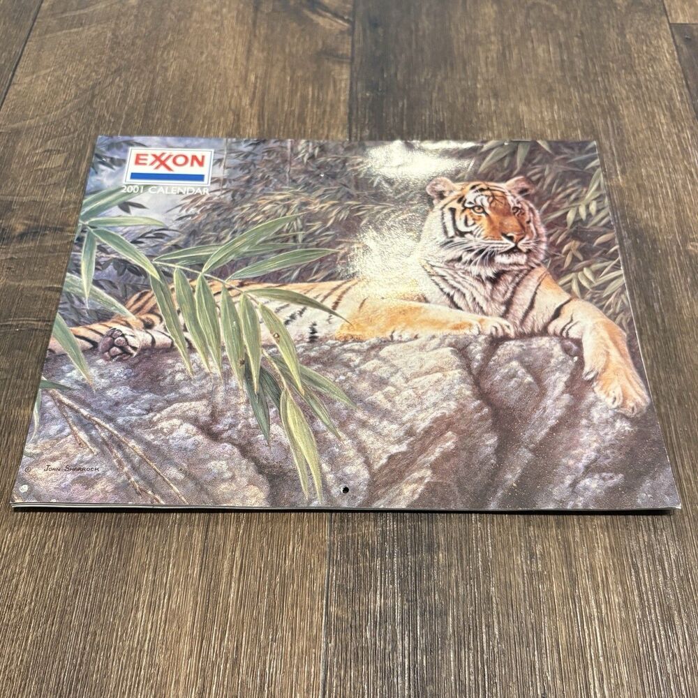 Vintage 2001 Exxon Tiger Wall Calendar Joan Sharrock Wildlife Advertising Art